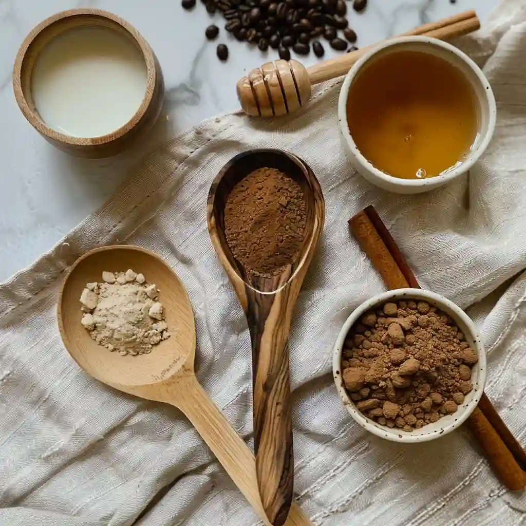 Flat lay of best way to drink Ryze mushroom coffee powder and natural add-ins like oat milk, honey, cinnamon, and vanilla