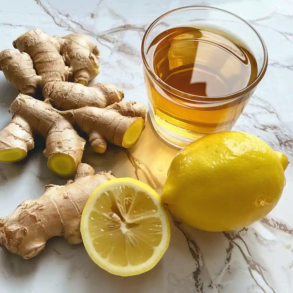 Flat lay of zepbound drink recipe for weight loss– lemon, ginger, ACV, and water