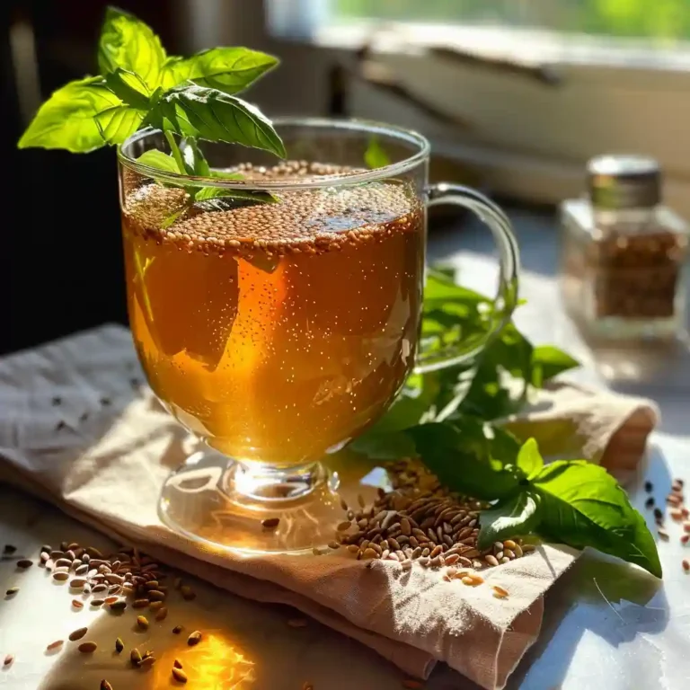 Glass of bariatric seed tea with soaked basil seeds and mint on a sunlit kitchen counter