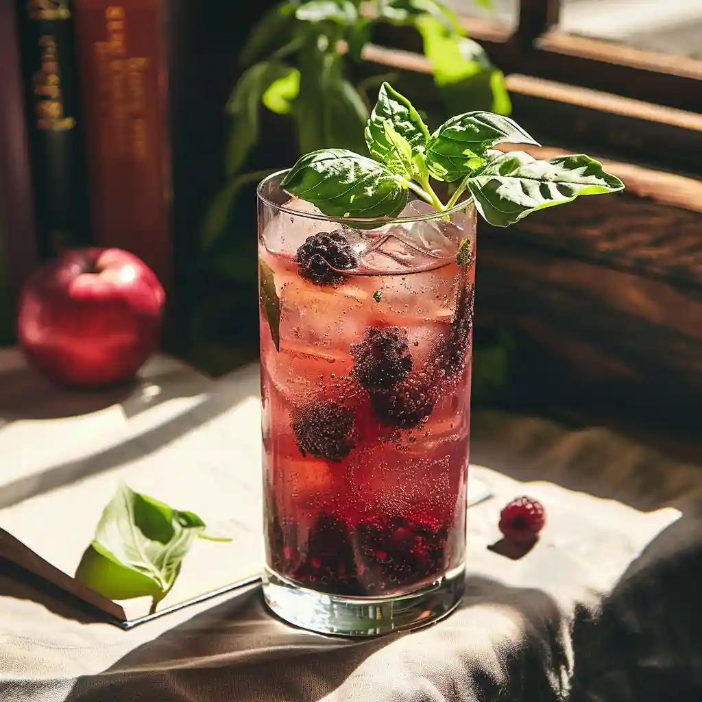 Glass of berry basil detox drink served with ice and basil sprig