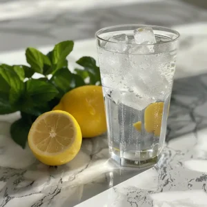 Glass of ice water with visible baking soda on kitchen counter