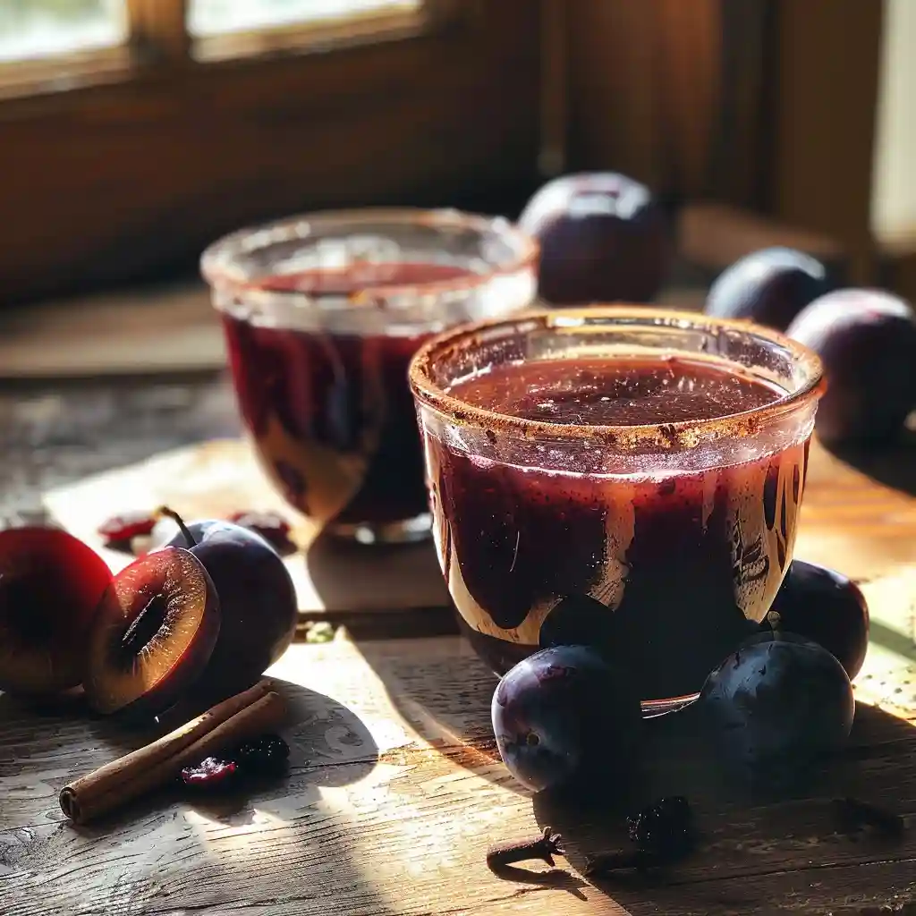 Glasses of prune juice and plum juice on a rustic kitchen table with fresh plums, dried prunes, and a cinnamon stick