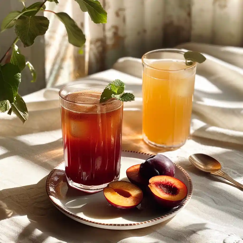 Glasses of prune juice and plum juice on a breakfast table with sliced fruit, spoon, and mint sprig