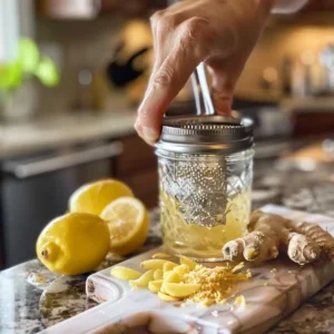 Grating fresh ginger into a jar with lemon juice and ACV – zepbound drink in progress