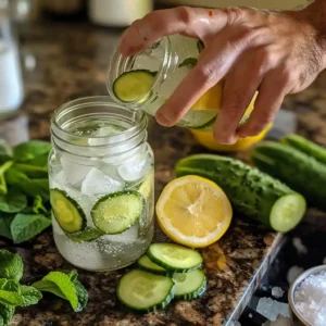 Hand adding lemon and cucumber slices to a mason jar for ice water hack recipe