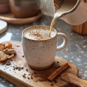 Hand frothing Ryze mushroom coffee in a ceramic mug with steam rising
