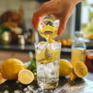 Hand squeezing lemon juice into a tall glass of ice water, chia seeds and apple cider vinegar ready on the side