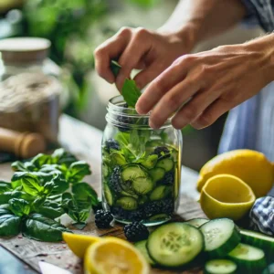 Hands muddling berries and basil in mason jar for detox drink