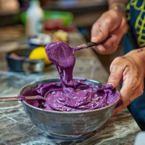 Hands spooning purple smoothie mix into bowl with toppings nearby