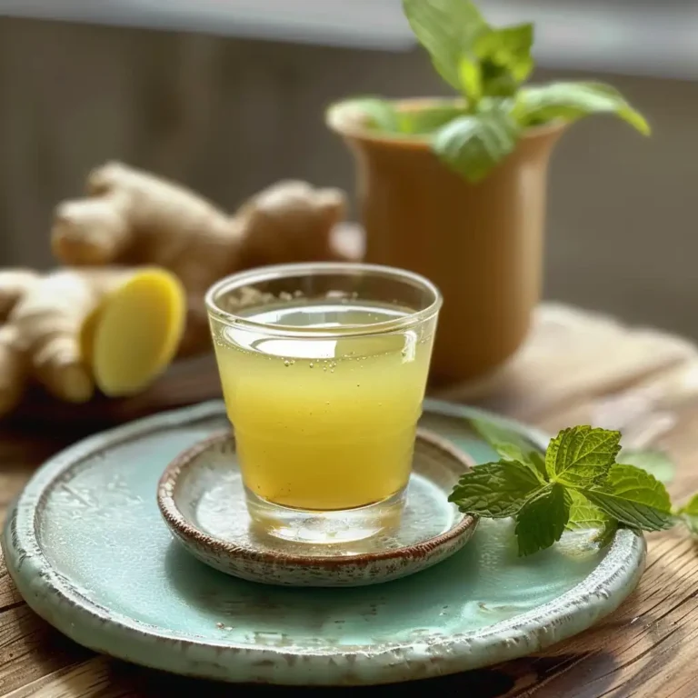 Herbal detox shot with soursop bitters, lemon, and mint served in a small glass