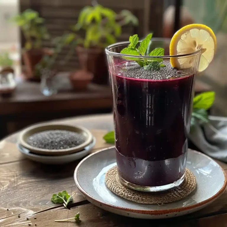 Homemade prune juice in a mason jar on a rustic table, surrounded by soaked prunes and lemon slices