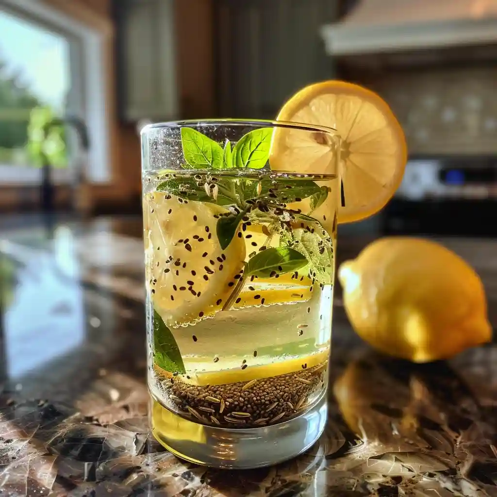 Homemade weight loss seed drink served in a clear glass with lemon and mint
