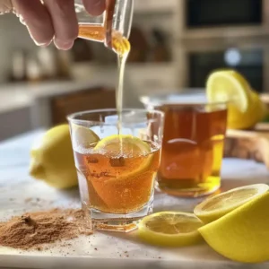 Honey being stirred into warm water with lemon and apple cider vinegar nearby