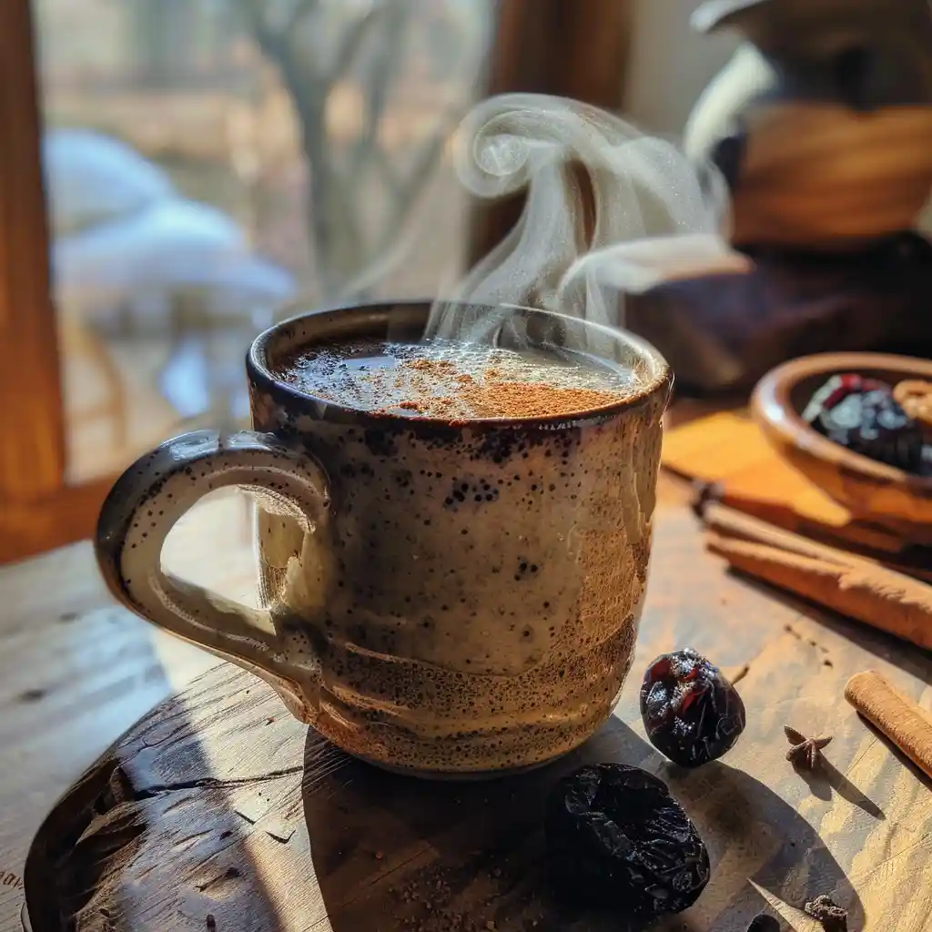 Hot buttered prune juice in a cozy ceramic mug with steam rising