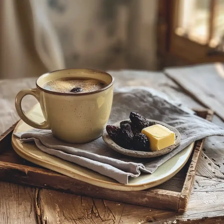 Hot buttered prune juice served in a mug with a napkin and prunes on the side