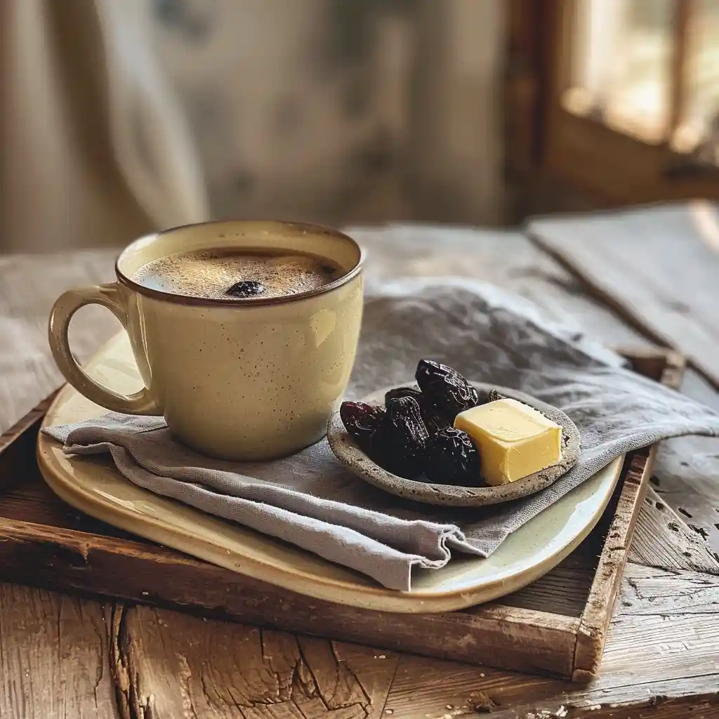 Hot buttered prune juice served in a mug with a napkin and prunes on the side
