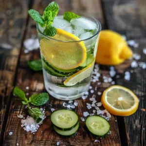 Ice water hack recipe in a mason jar with lemon slices, cucumber rounds, mint leaves, and a pinch of sea salt on a rustic table
