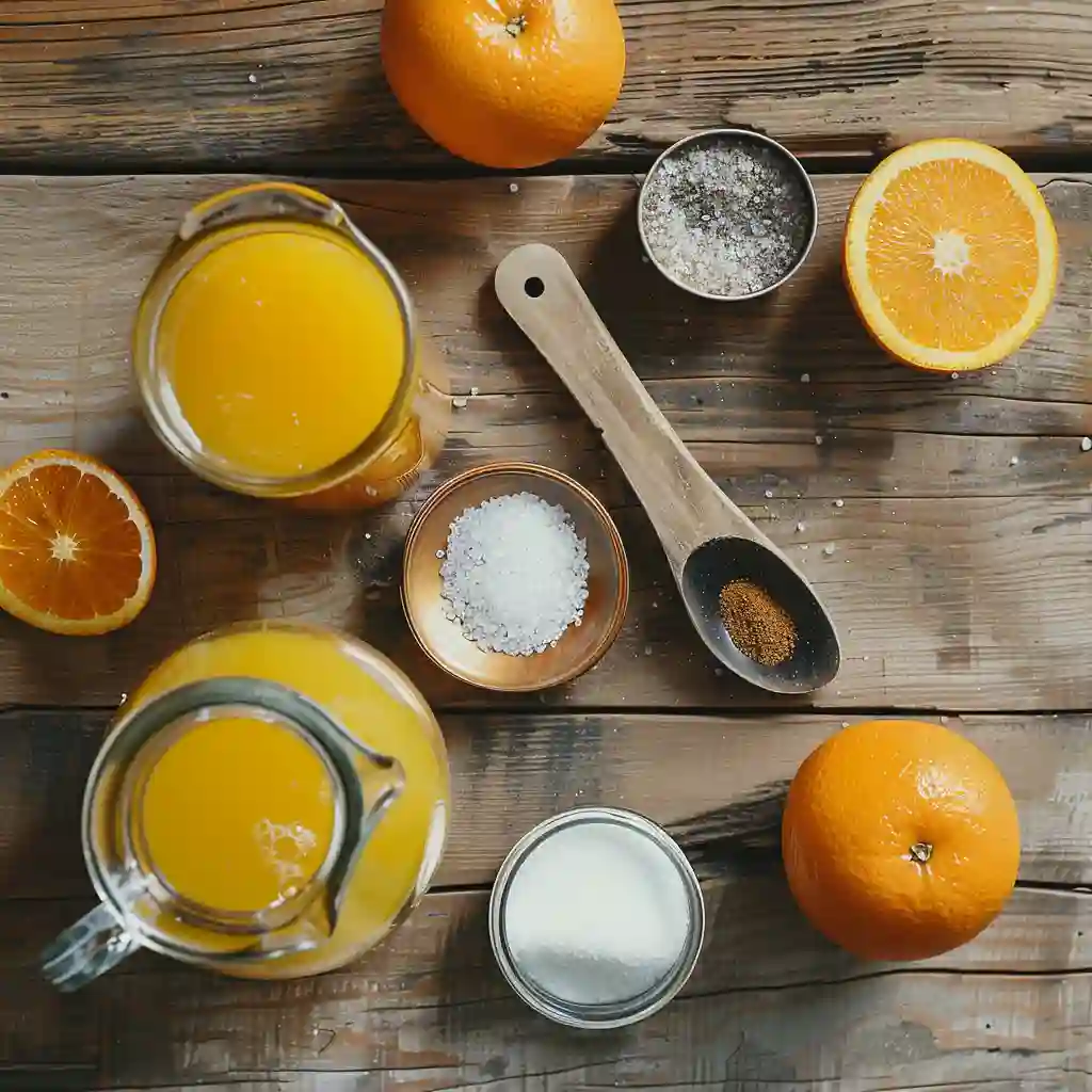 Ingredients for a cortisol cocktail – orange juice, sea salt, and cream of tartar laid out on a wooden table