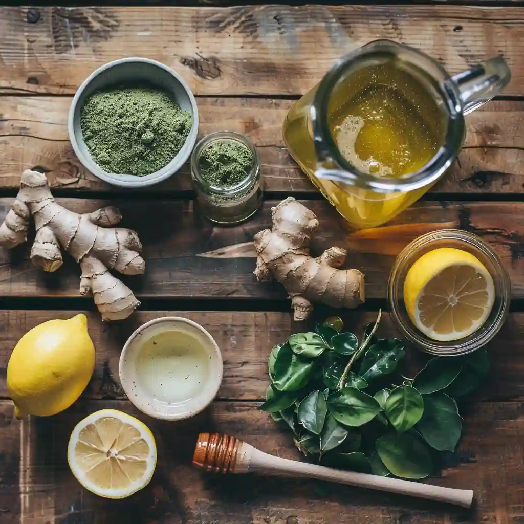 Ingredients for a moringa detox drink laid out on a wooden table- moringa detox your body