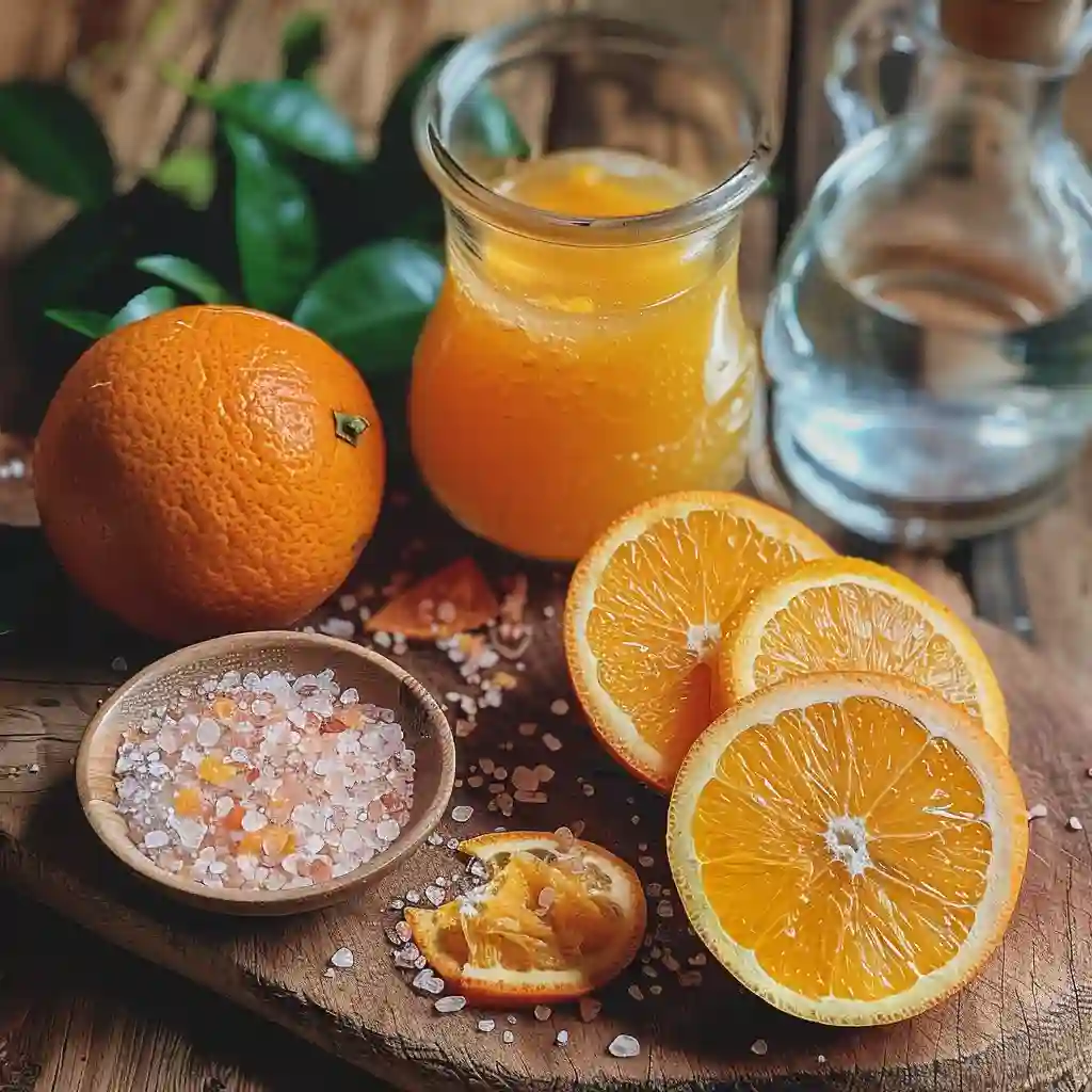 Ingredients for best cortisol cocktail for weight loss laid out on a wooden surface—pink Himalayan salt, orange juice, magnesium powder, filtered water, and orange slices