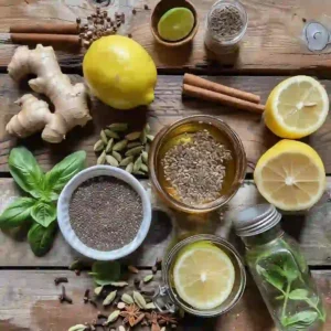 Ingredients for homemade weight loss seed drink laid out on wooden table