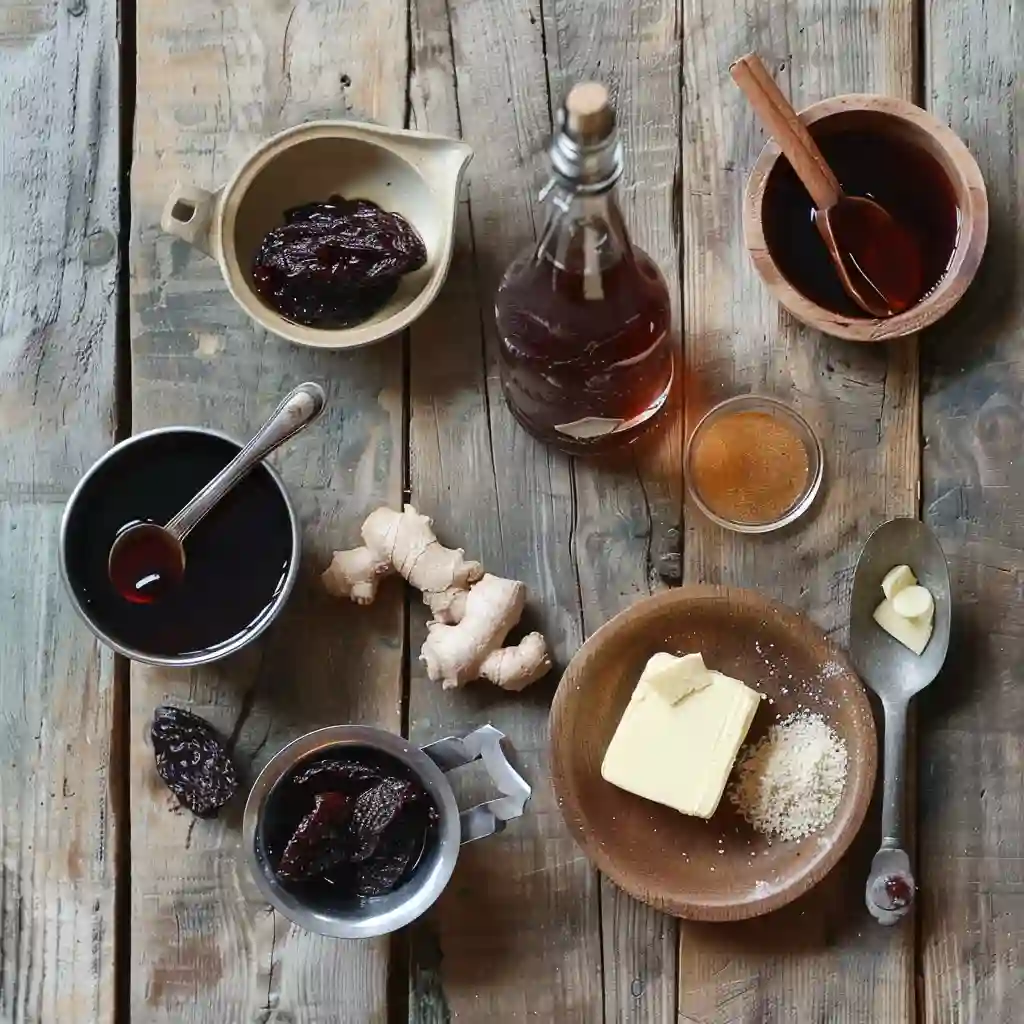 Ingredients for hot buttered prune juice arranged on a wooden table – prune juice, butter, saucepan, spices
