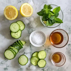 Ingredients for ice water hack recipe on a kitchen counter including lemon slices, cucumber rounds, sea salt, mint, and apple cider vinegar
