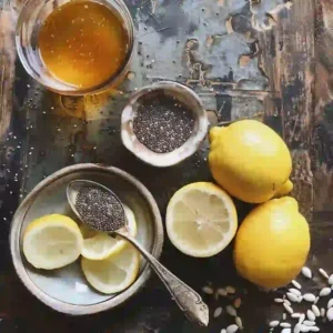 Ingredients for natural Zepbound drink – chia seeds, lemons, apple cider vinegar, and water