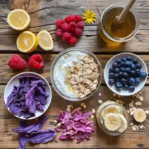 Ingredients for purple peel weight loss recipe on a wooden counter