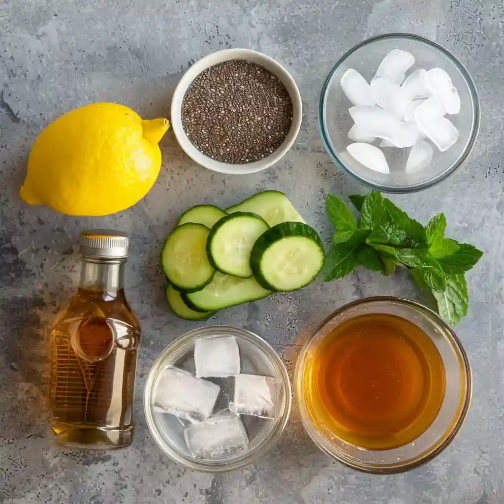Ingredients for the ice water hack recipe arranged overhead: lemon, apple cider vinegar, chia seeds, mint, cucumber, ice, and filtered water