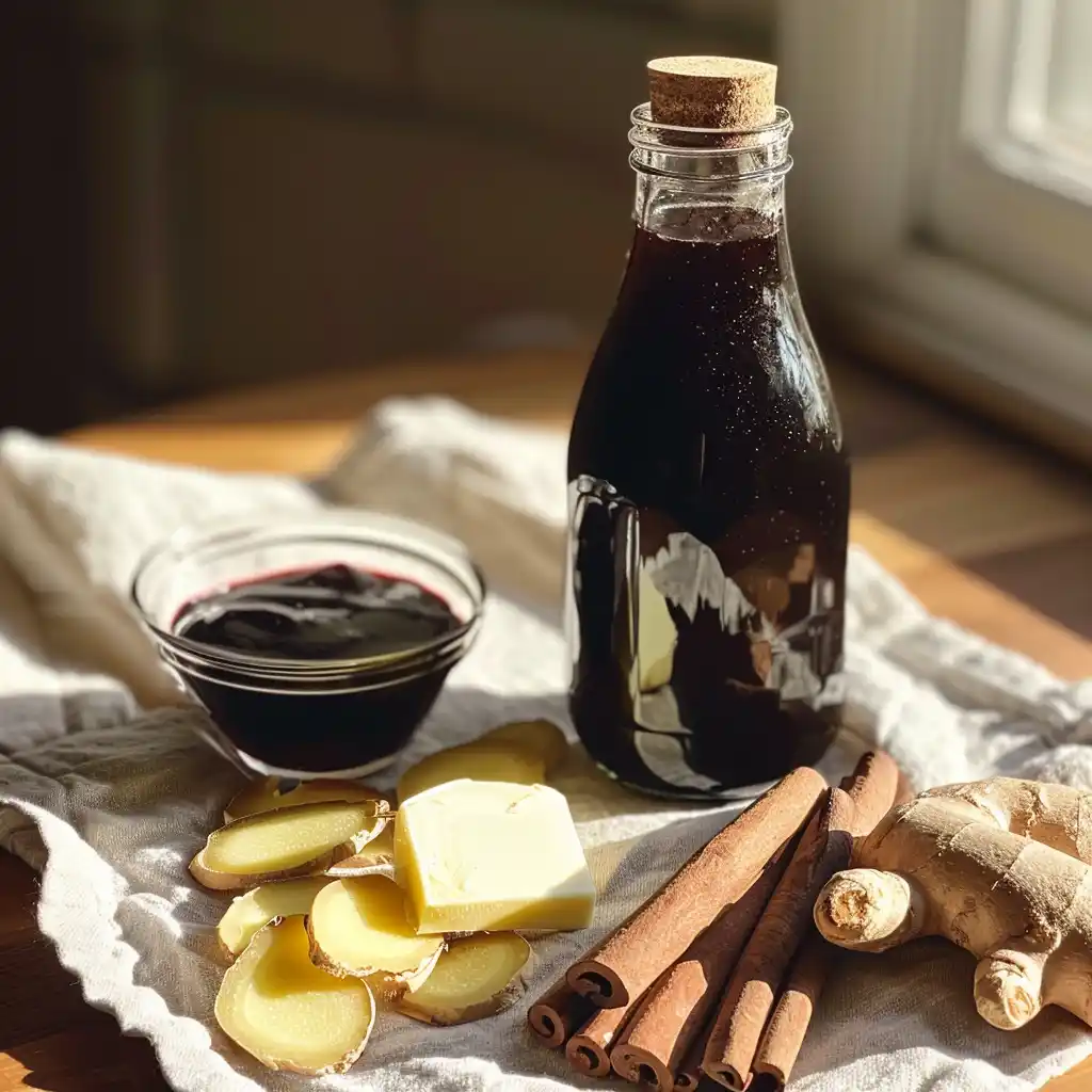 Ingredients for warm prune juice and butter on a wooden countertop