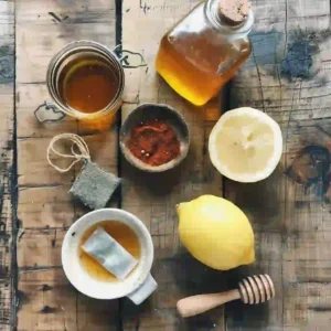 Ingredients for Zepbound natural recipe laid out on a rustic table – lemon, ACV, cayenne, tea