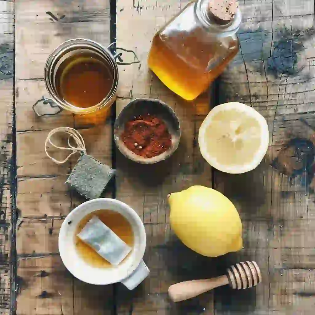 Ingredients for Zepbound natural recipe laid out on a rustic table – lemon, ACV, cayenne, tea