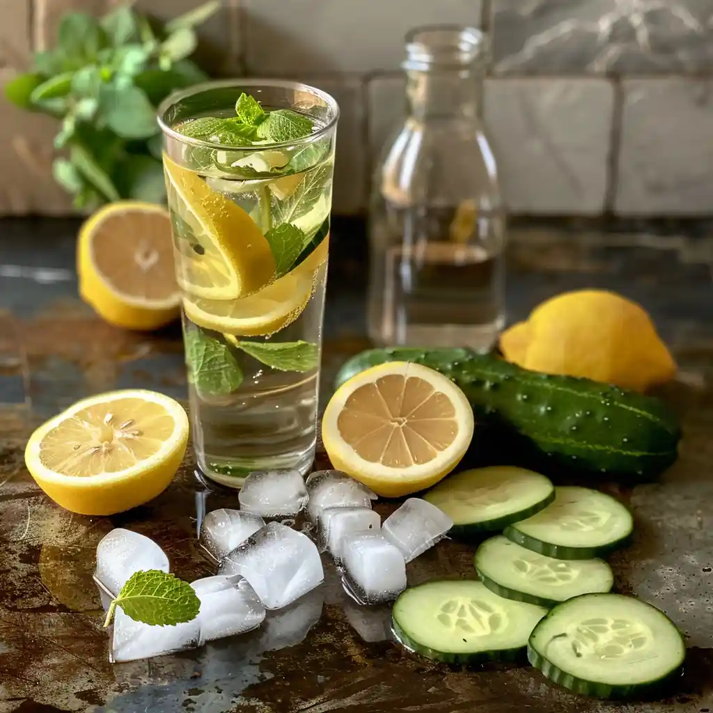 Laid-out ingredients for ice water hack for weight loss on a wooden kitchen table
