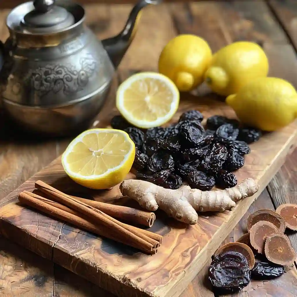 Laid out ingredients for prune juice – pitted prunes, ginger root, lemon, and warm water
