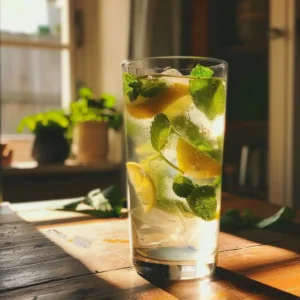 Lemon and mint ice water served in a tall glass with visible condensation