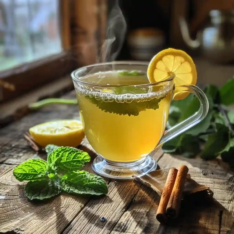 Lemon balm tea for weight loss, brewed in a rustic cup with fresh lemon balm leaves, lemon wedge, and cinnamon stick