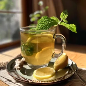 Lemon balm tea served in a clear mug with lemon balm garnish, lemon slice, and ginger on a plate