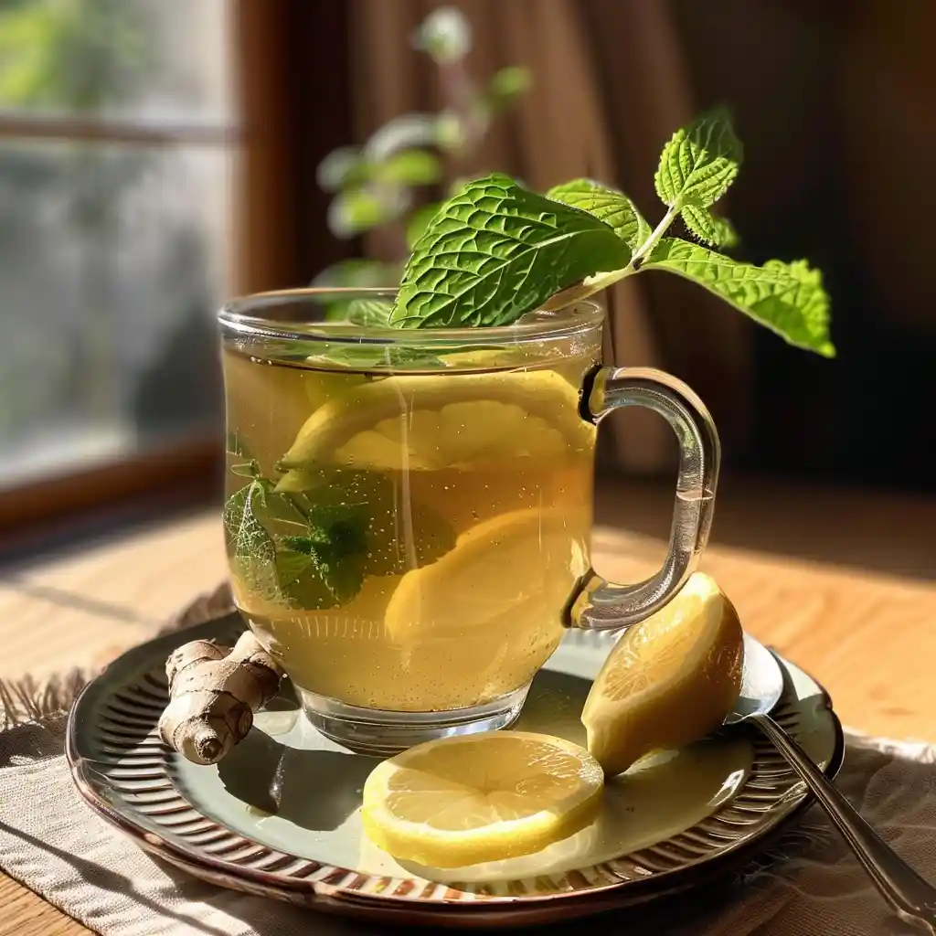 lemon balm tea recipe for weight loss served in a clear mug with lemon balm garnish, lemon slice, and ginger on a plate