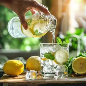 Lemon being squeezed into a glass of ice water with mint leaves