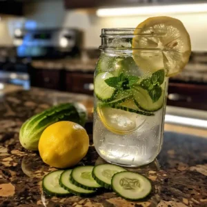 Mason jar of ice water with lemon, cucumber, mint, and apple cider vinegar on a sunlit kitchen counter