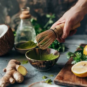 Matcha being whisked in a kitchen with other Mounjaro drink ingredients nearby