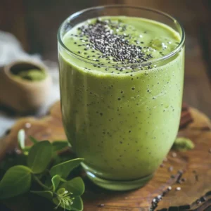 Matcha collagen beauty smoothie in a clear glass with chia topping and cinnamon – energizing and skin-supporting