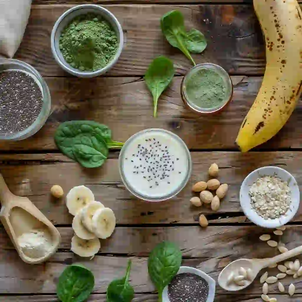 Matcha, collagen peptides, almond milk, banana, spinach, and chia seeds arranged on a rustic counter