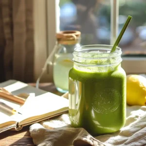 Matcha collagen smoothie in a mason jar next to a journal and lemon water on a sunny morning table