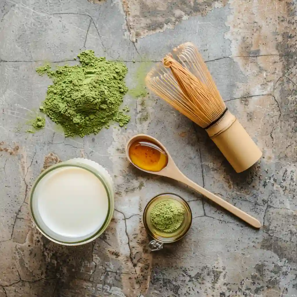 Matcha powder, milk, bamboo whisk, and honey on countertop starbucks matcha green tea latte nutrition