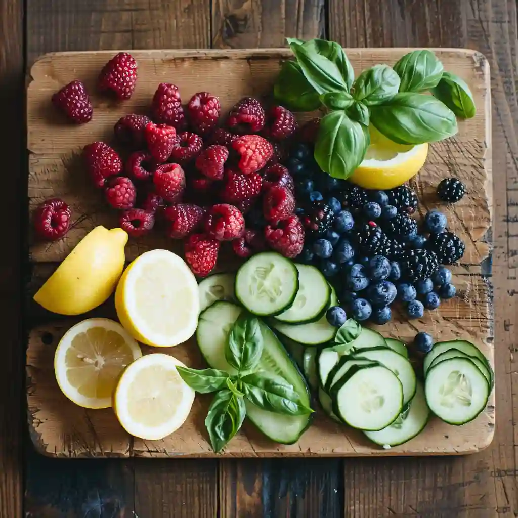 Mixed berries, basil, lemon, and cucumber laid out for detox drink prep