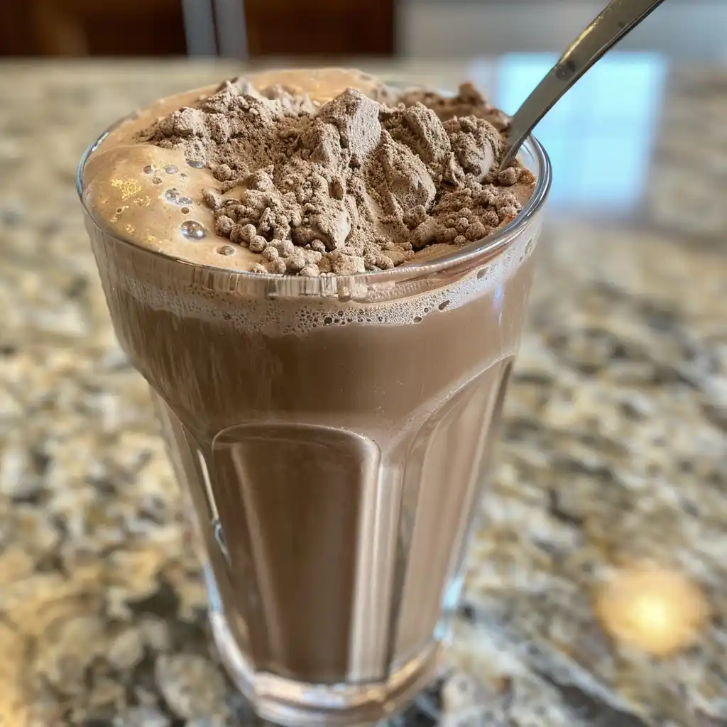 Mixing chocolate protein powder into Diet Coke with spoon, foam rising