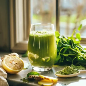 Moringa detox drink with lemon and ginger on a rustic kitchen counter