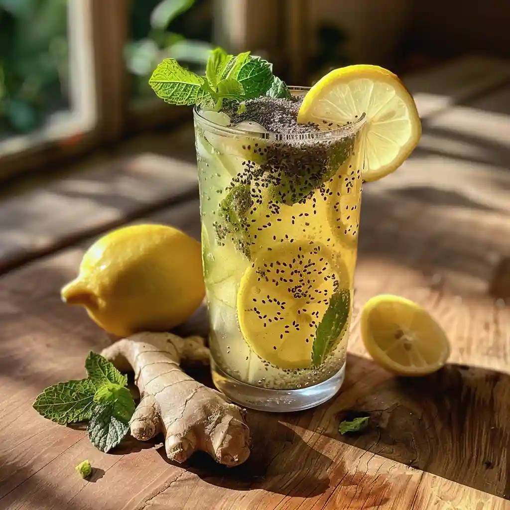 Mounjaro digestive drink with lemon, chia, and mint in a clear glass